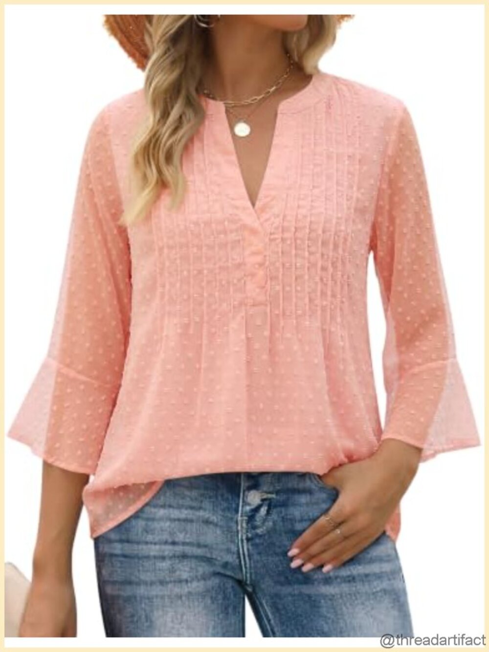 Womens Swiss Dot Chiffon Blouse 3/4 Sleeve V-Neck Dressy Work Tunic Top